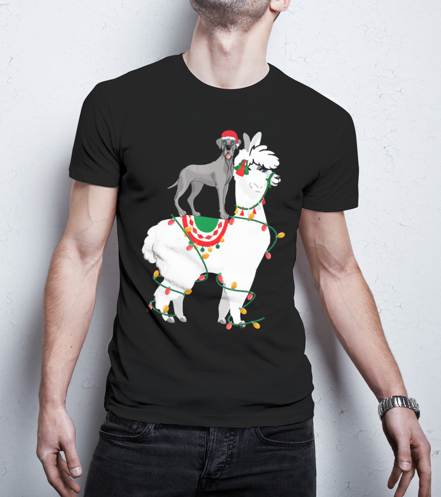 Fa La LLAMA Great Dane With Santa Hat On Llama Christmas Lights T-Shirt