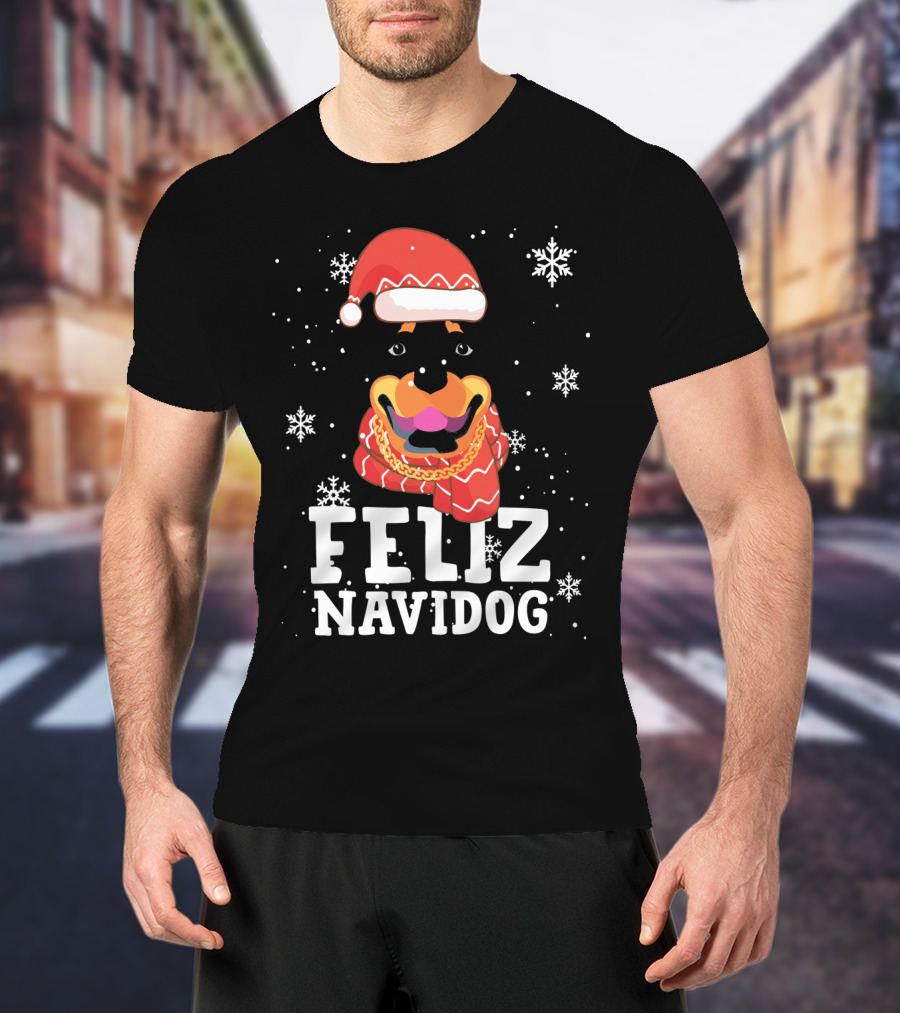 Feliz Navidog Rottweiler Christmas Santa Hat Snowflakes Ugly Sweaters T-Shirt