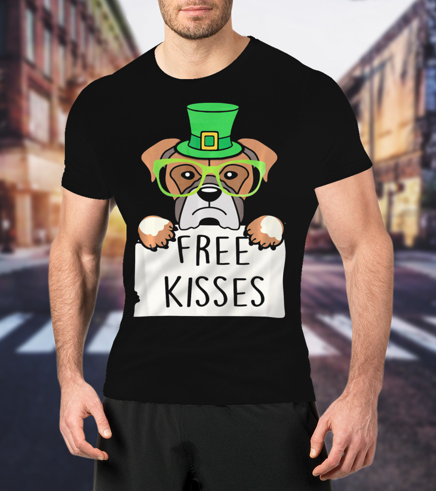Free Kisses Boxer Dog Leprechaun St Patrick Hat Green Glasses T-Shirt