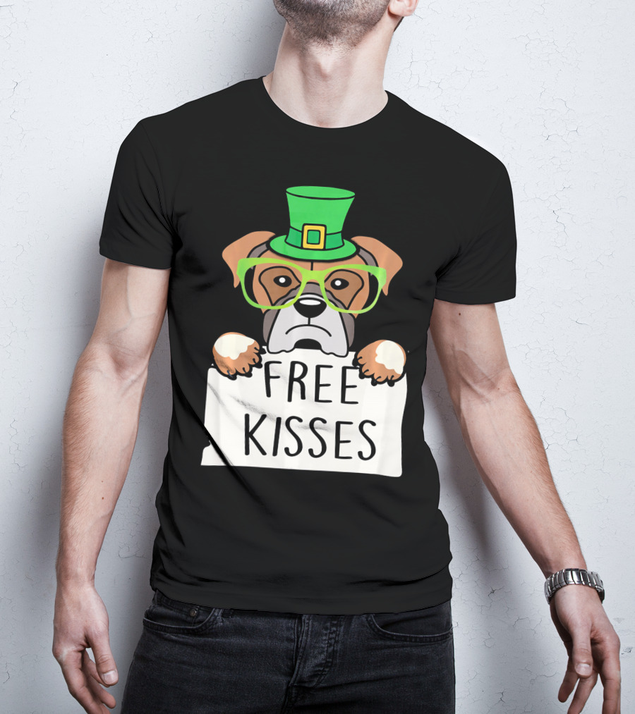Free Kisses Boxer Dog Leprechaun St Patrick Hat Green Glasses T-Shirt