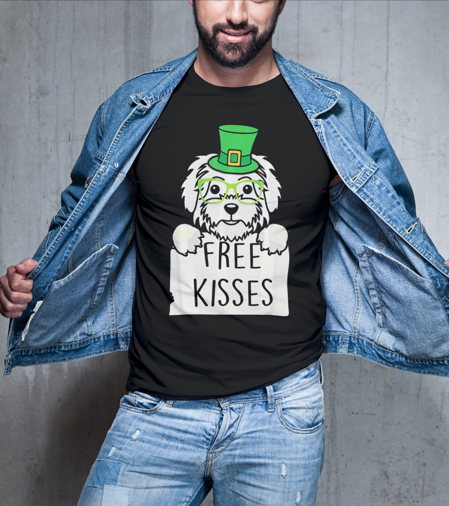 Free Kisses Maltese Dog With Green Leprechaun Hat St Patricks T-Shirt
