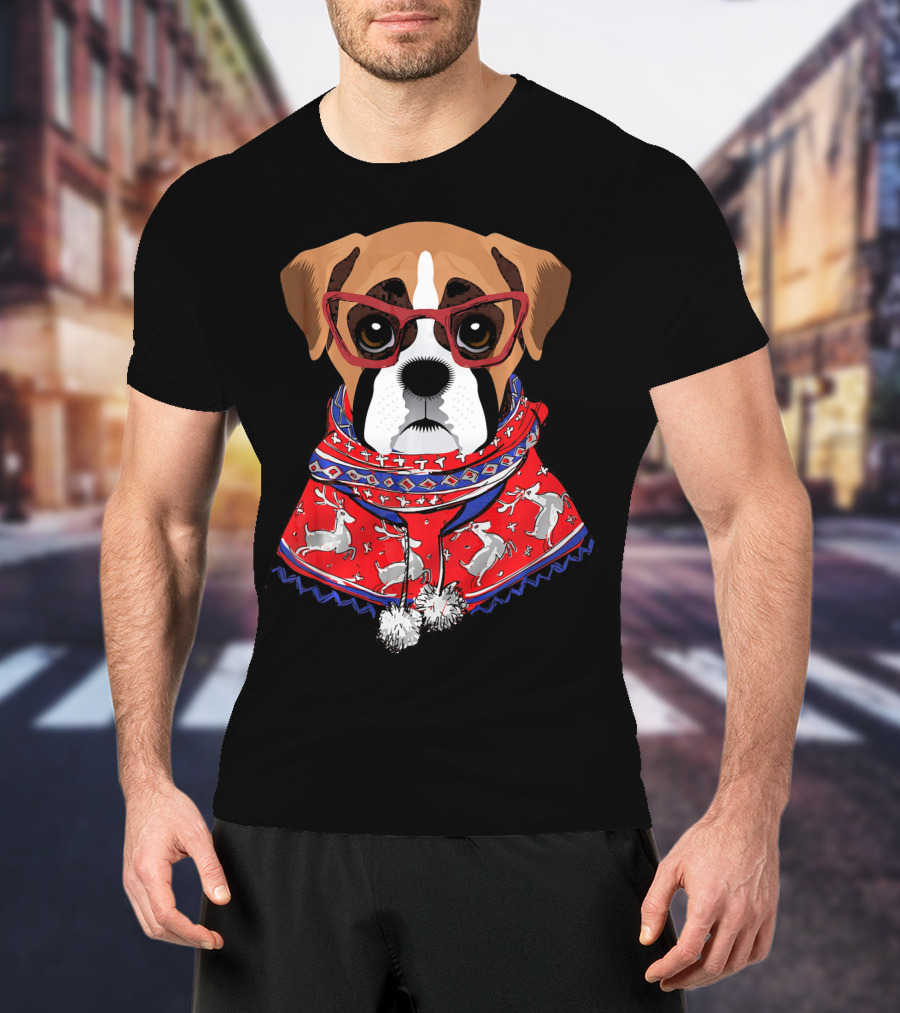 Funny Boxer Dog With Glasses In Christmas Scarf Holiday Look T-Shirt