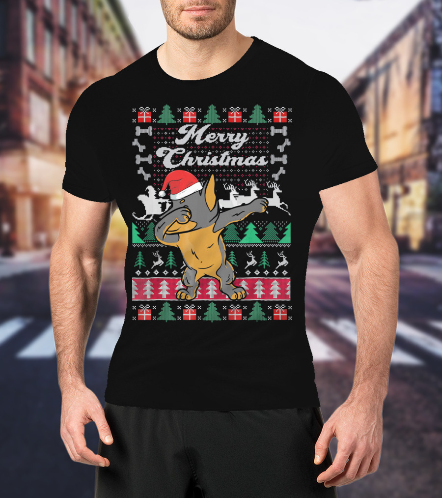 Merry Christmas Doberman Dabbing In Santa Hat With Holiday Symbols T-Shirt
