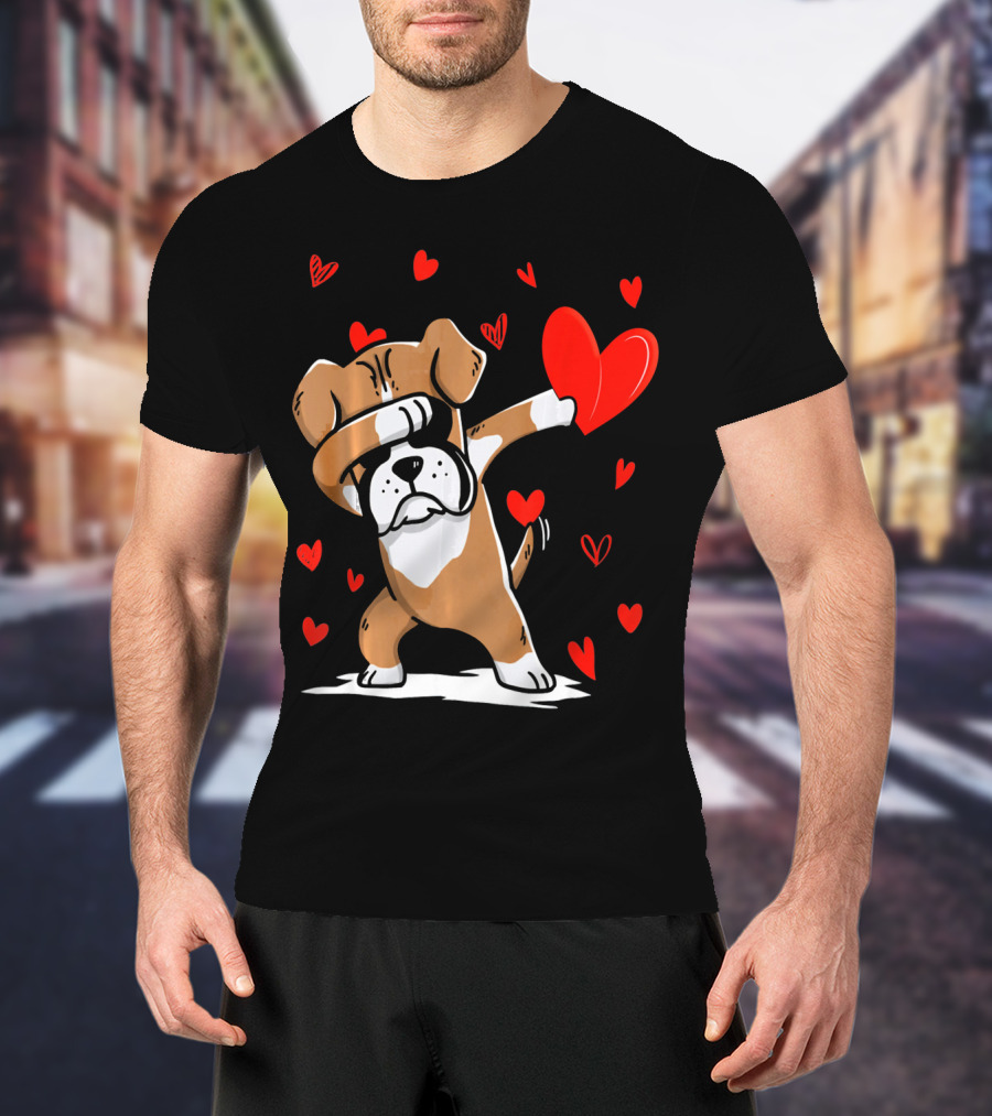 Dabbing Boxer Dog Holding Heart With Valentines Day T-Shirt
