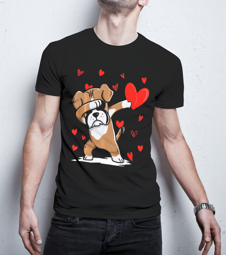 Dabbing Boxer Dog Holding Heart With Valentines Day T-Shirt