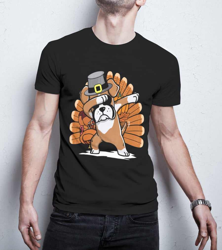Thanksgiving Dabbing Boxer Dog Pilgrim Hat Turkey T-Shirt