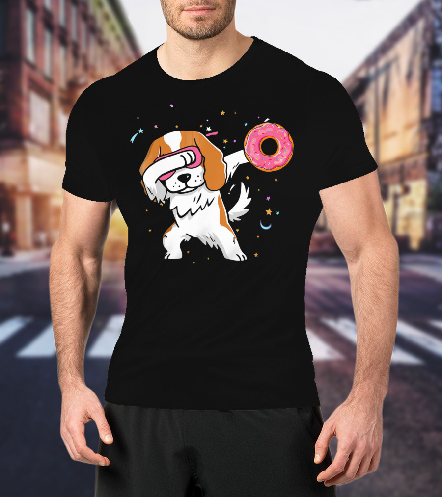 Funny Dabbing Cavalier King Charles Spaniel With Pink Frosted Donut T-Shirt