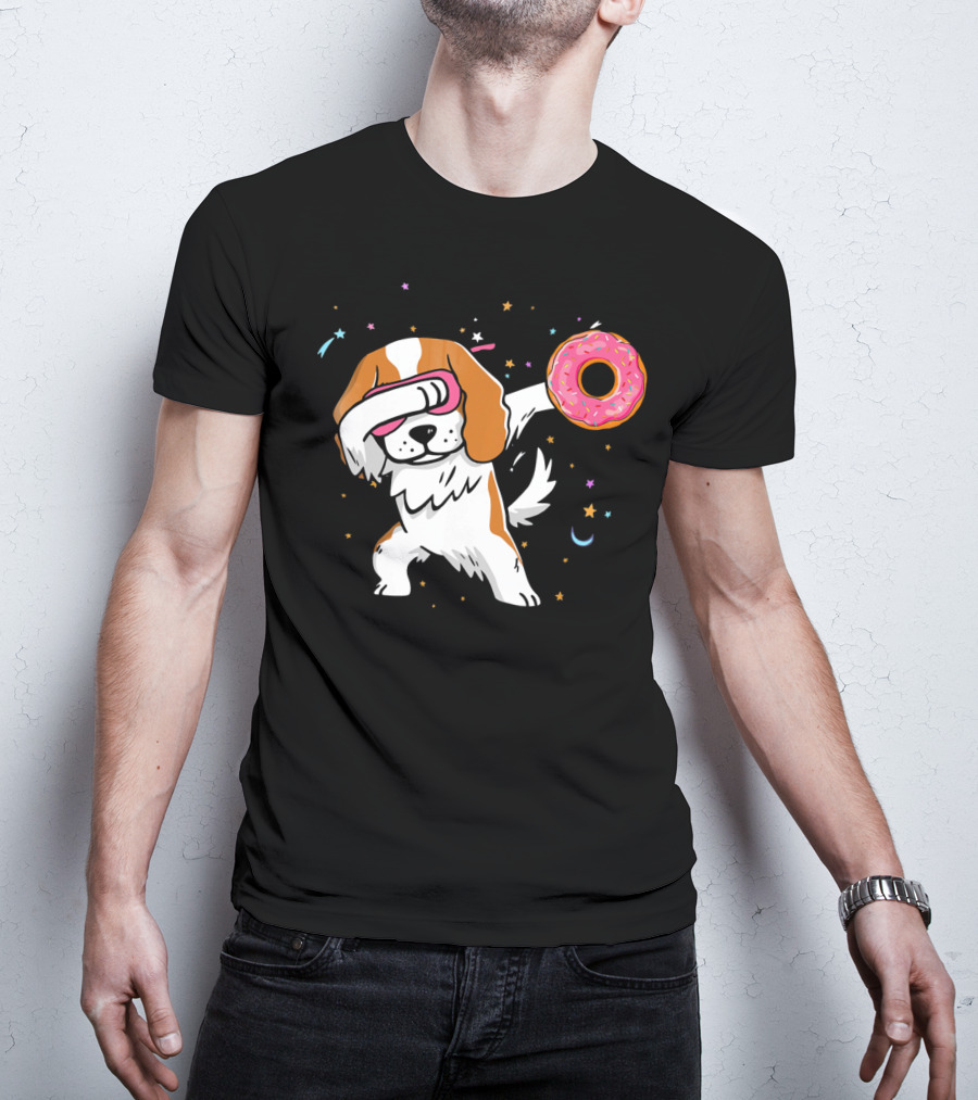 Funny Dabbing Cavalier King Charles Spaniel With Pink Frosted Donut T-Shirt
