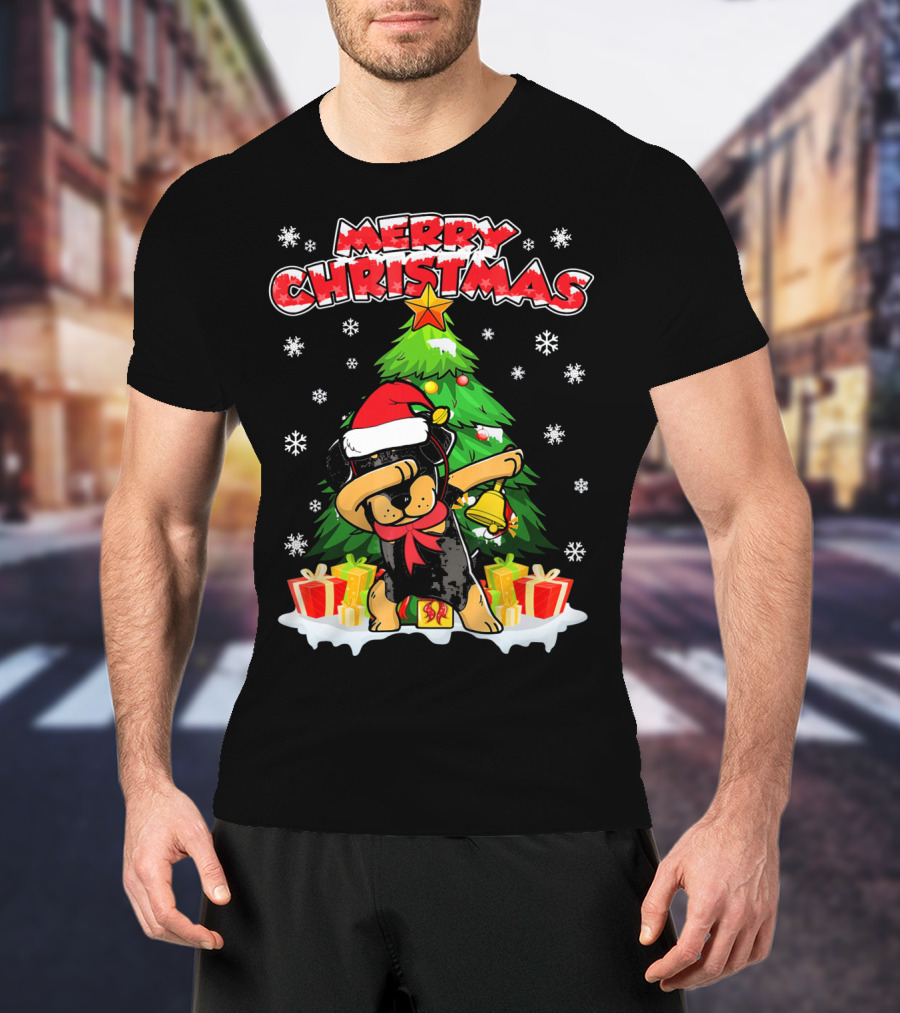 Merry Christmas Dabbing Rottweiler With Santa Hat And Gifts T-Shirt