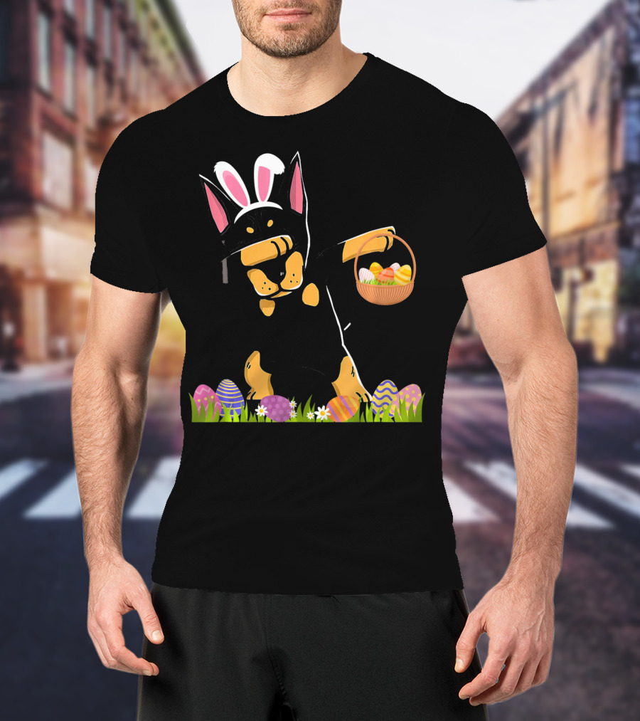 Doberman Dabbing With Bunny Ears And Easter Basket Of Eggs T-Shirt