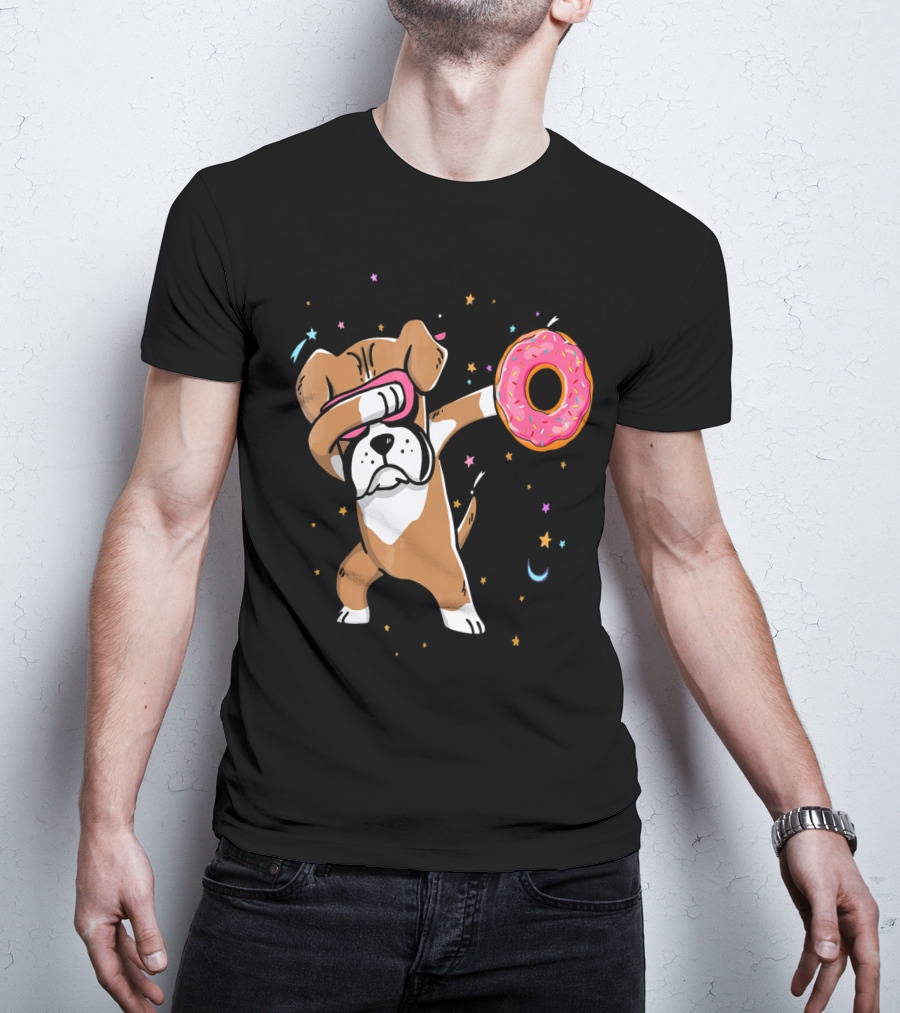 Funny Donut Day Dabbing Boxer With Sprinkled Donut In Stars And Moon T-Shirt