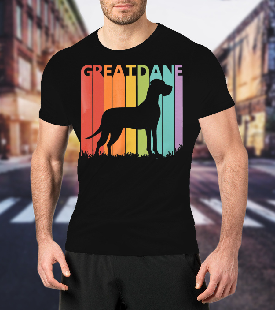 Great Dane Dog Silhouette Retro Rainbow Stripes T-Shirt
