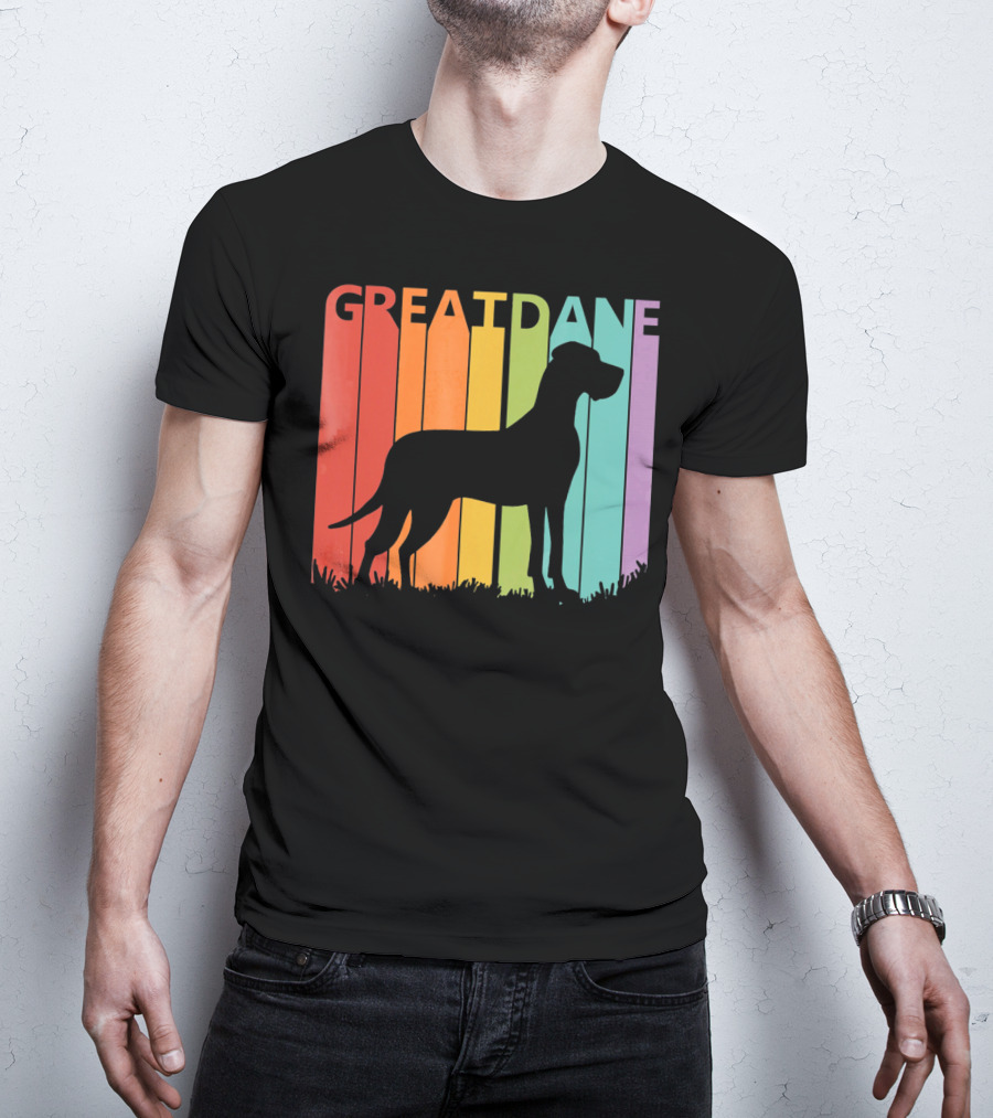 Great Dane Dog Silhouette Retro Rainbow Stripes T-Shirt