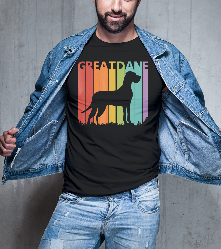 Great Dane Dog Silhouette Retro Rainbow Stripes T-Shirt