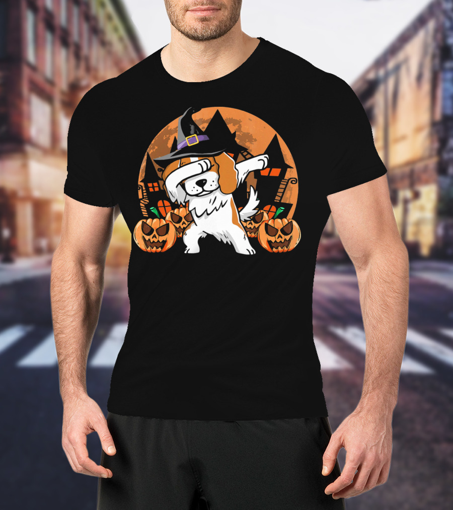 Funny Halloween Dabbing Cavalier Witch Hat Pumpkins Haunted House T-Shirt