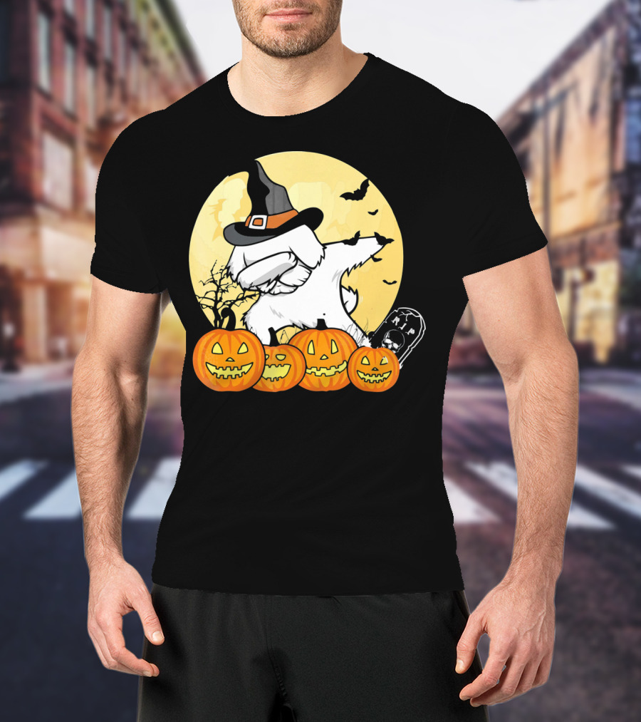 Funny Halloween Maltese Dog With Pumpkins And Witch Hat T-Shirt