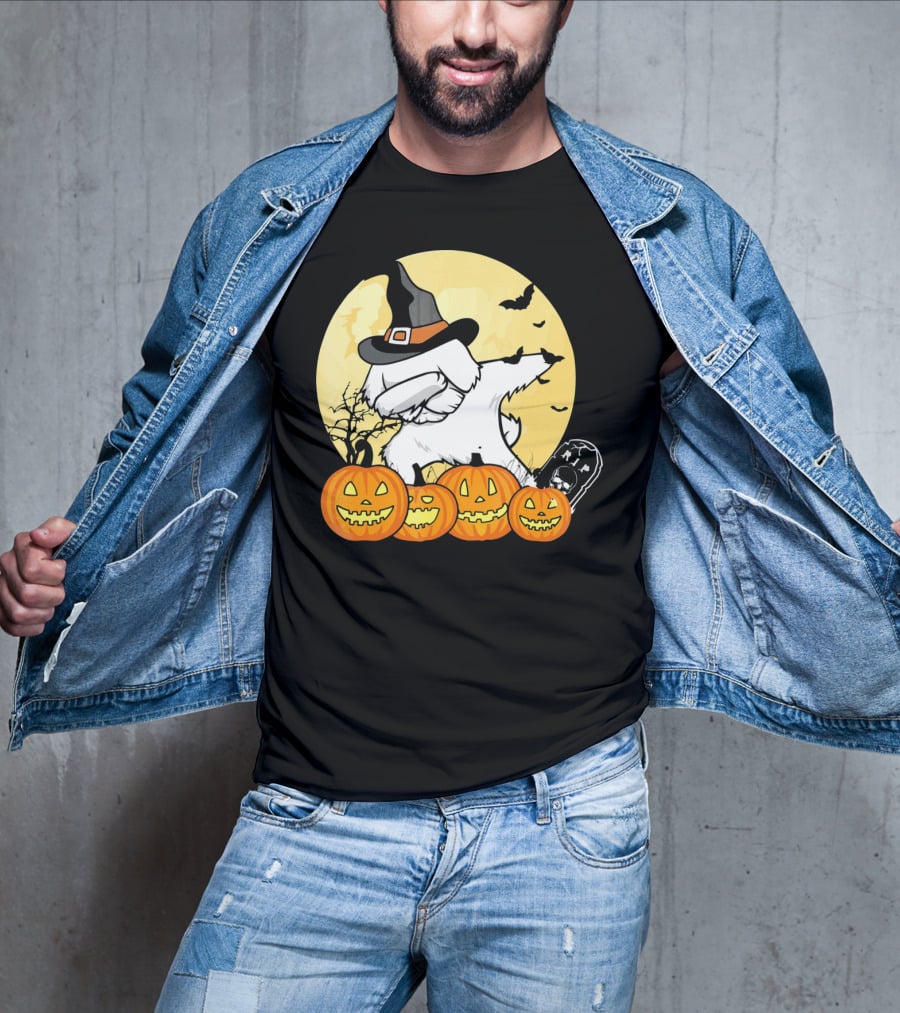 Funny Halloween Maltese Dog With Pumpkins And Witch Hat T-Shirt