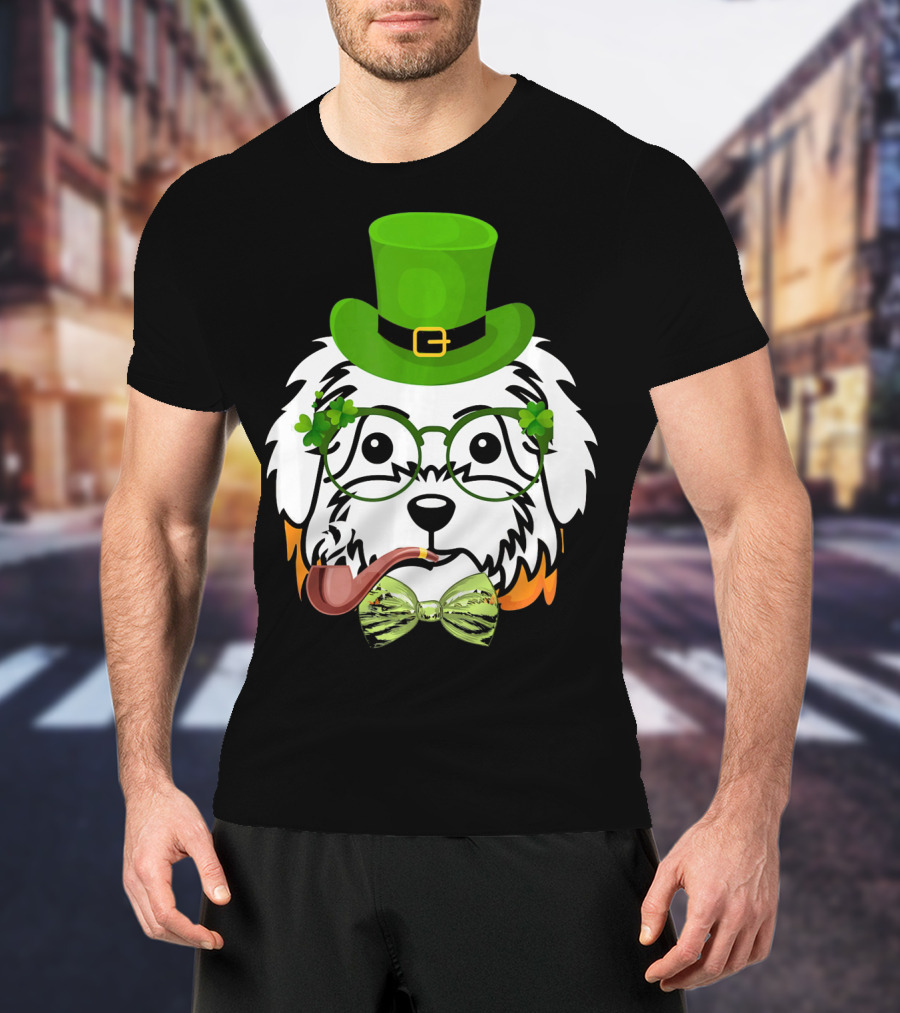 Maltese Dog In Leprechaun Hat With Pipe And Shamrocks For St Patrick's Day T-Shirt