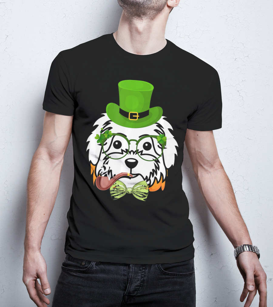 Maltese Dog In Leprechaun Hat With Pipe And Shamrocks For St Patrick's Day T-Shirt