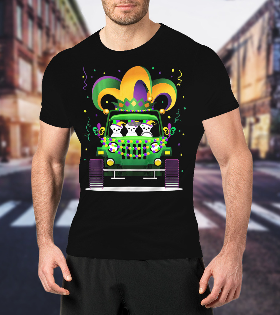 Mardi Gras Maltese Dogs Riding Jeep With Colorful Hat And Beads T-Shirt