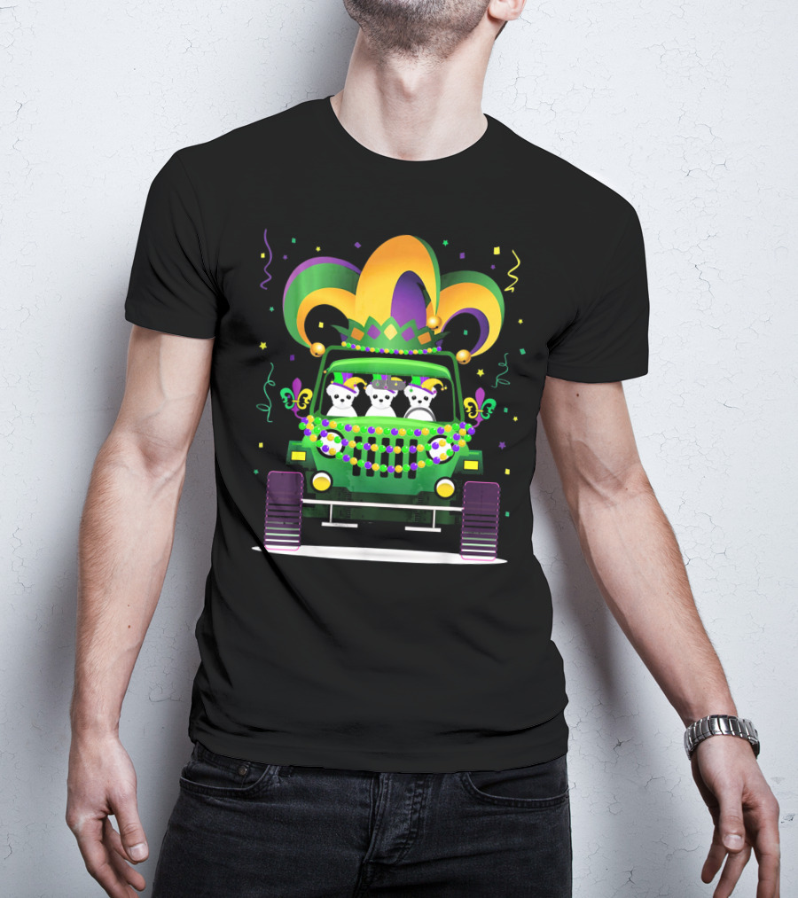 Mardi Gras Maltese Dogs Riding Jeep With Colorful Hat And Beads T-Shirt