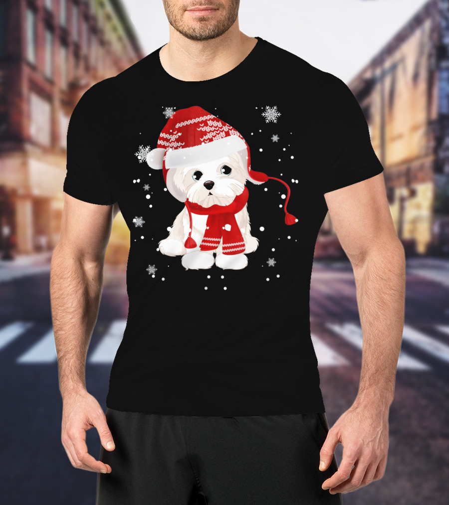 Funny Maltese Santa Hat Scarf Ugly Snowflakes T-Shirt