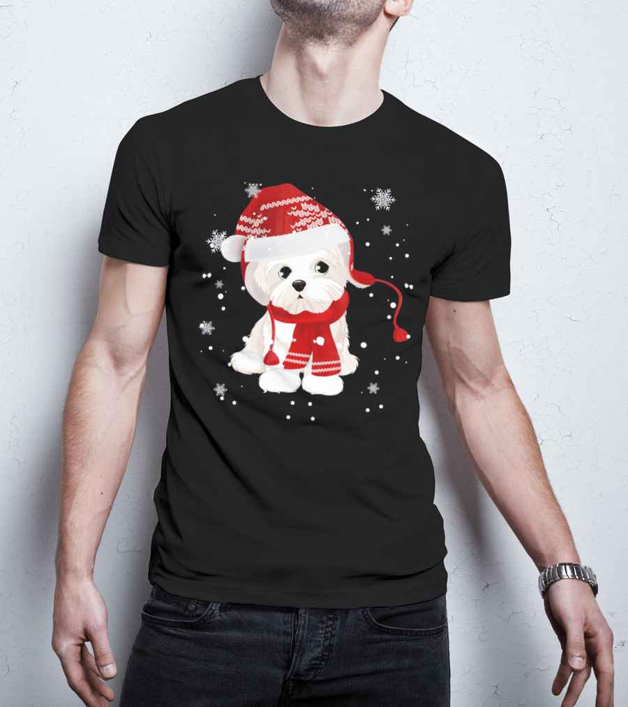 Funny Maltese Santa Hat Scarf Ugly Snowflakes T-Shirt