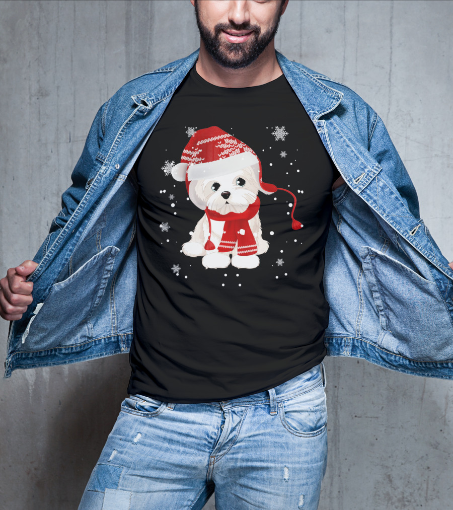 Funny Maltese Santa Hat Scarf Ugly Snowflakes T-Shirt