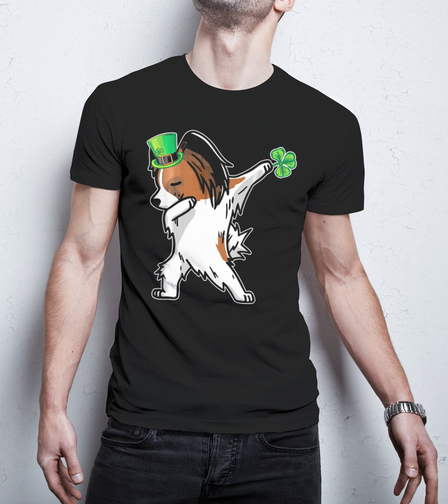 Papillon Dab Dabbing Dance With Shamrock And Leprechaun Hat T-Shirt