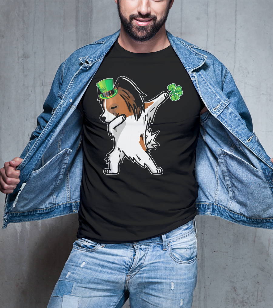 Papillon Dab Dabbing Dance With Shamrock And Leprechaun Hat T-Shirt