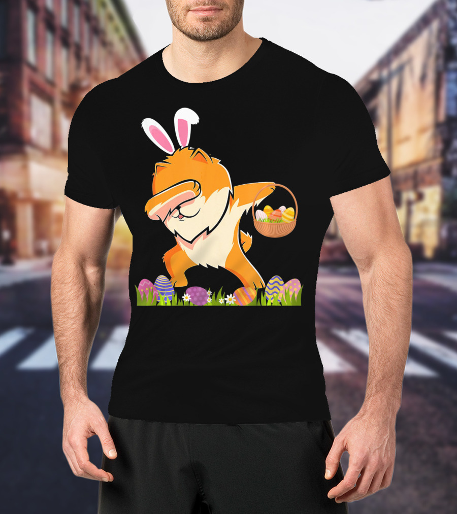 Funny Pomeranian Dabbing Easter Bunny With Eggs And Basket T-Shirt