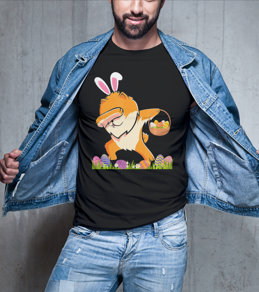 Funny Pomeranian Dabbing Easter Bunny With Eggs And Basket T-Shirt