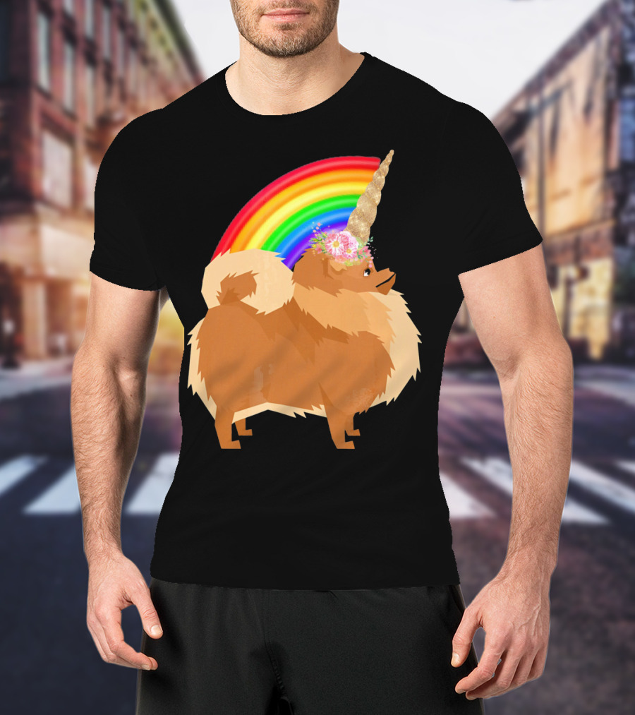 Pomeranian Rainbow Unicorn Dog With Floral Horn And Doodle Elements T-Shirt