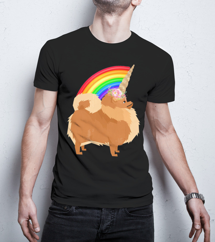 Pomeranian Rainbow Unicorn Dog With Floral Horn And Doodle Elements T-Shirt