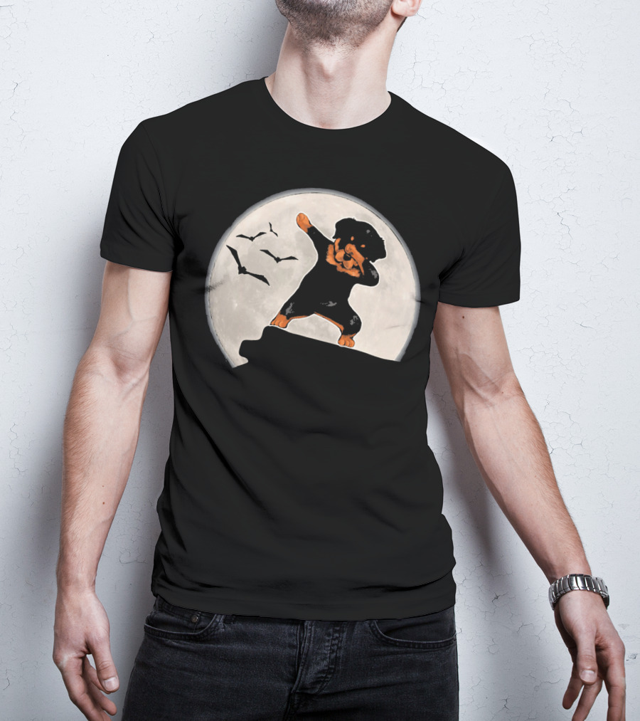 Funny Rottweiler Dabbing Dog Halloween Costume With Moon And Bats T-Shirt