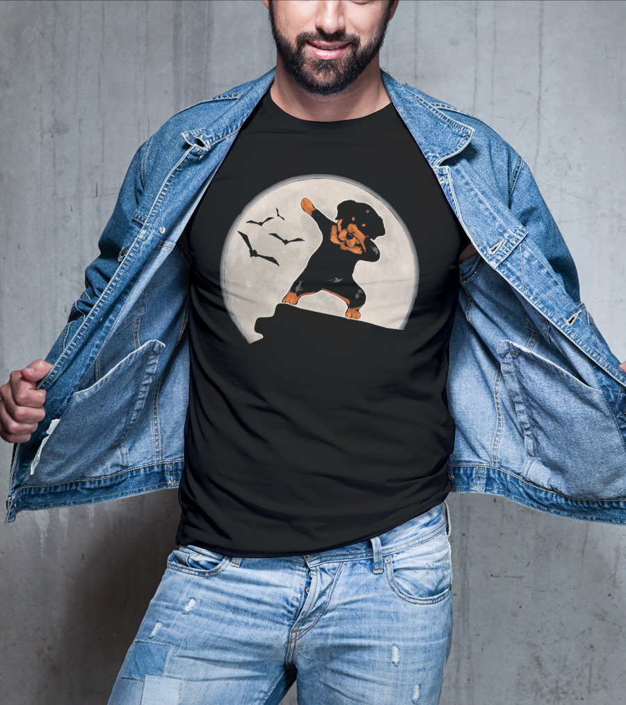 Funny Rottweiler Dabbing Dog Halloween Costume With Moon And Bats T-Shirt