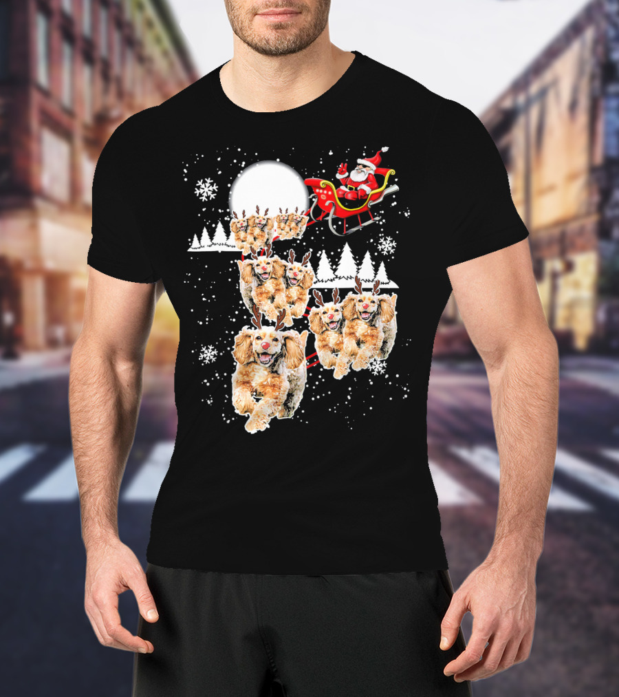 Santa Cocker Spaniel Reindeer Moon Sled Snowflakes T-Shirt