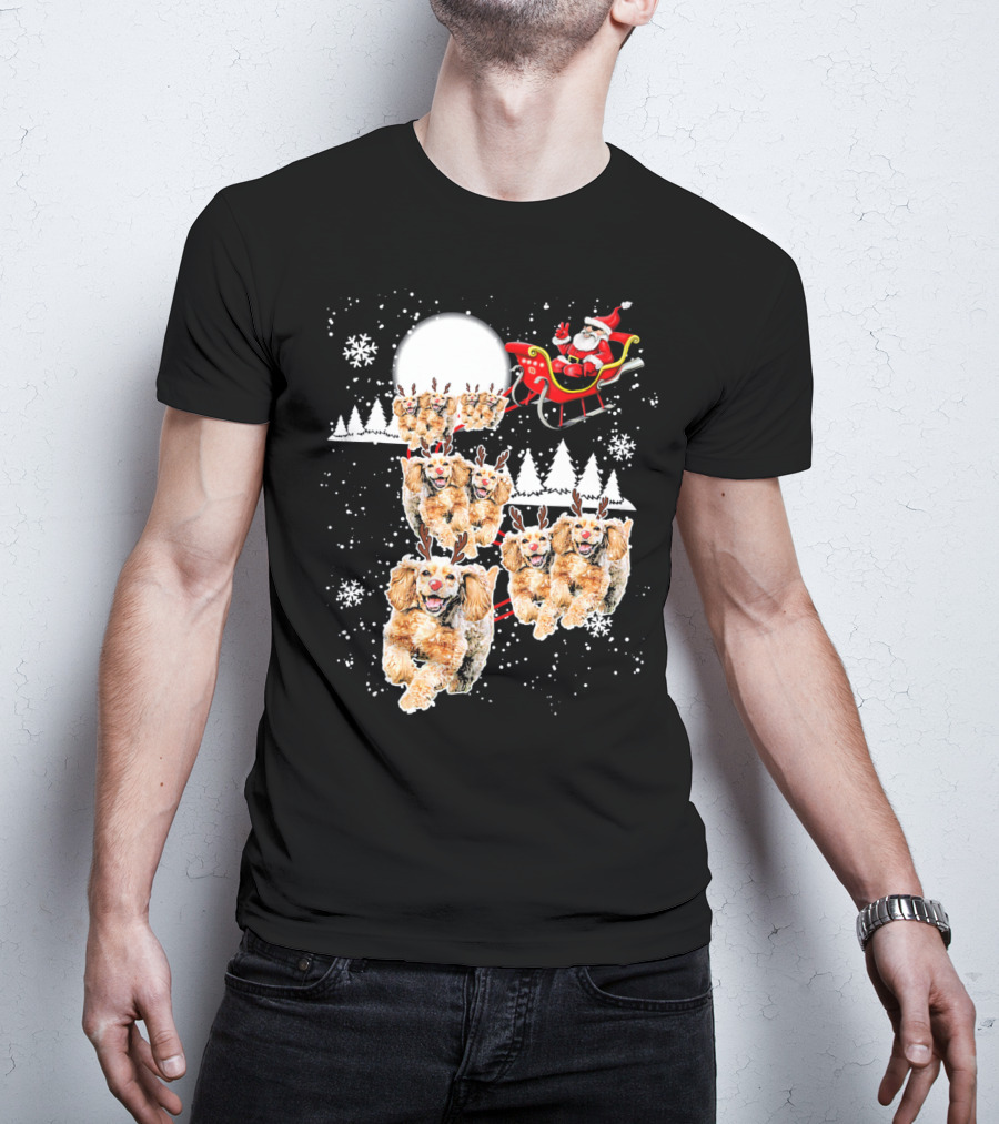 Santa Cocker Spaniel Reindeer Moon Sled Snowflakes T-Shirt