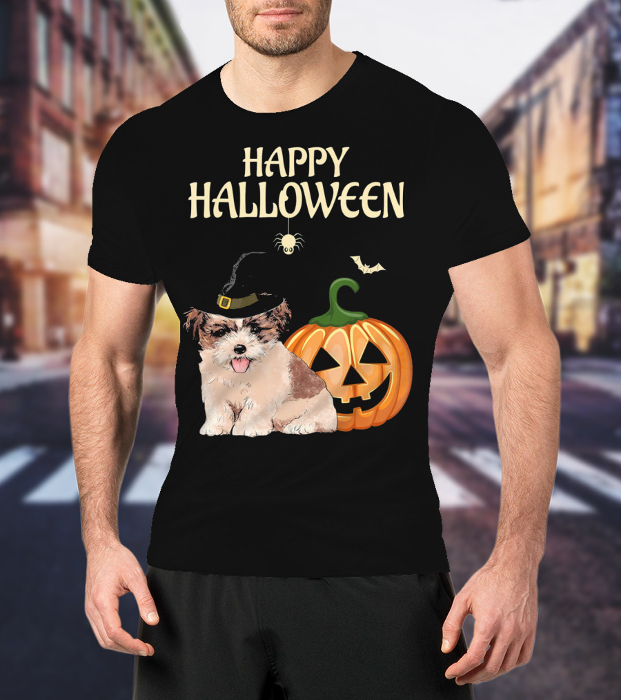Happy Halloween Shih Tzu With Pumpkin And Witch Hat T-Shirt