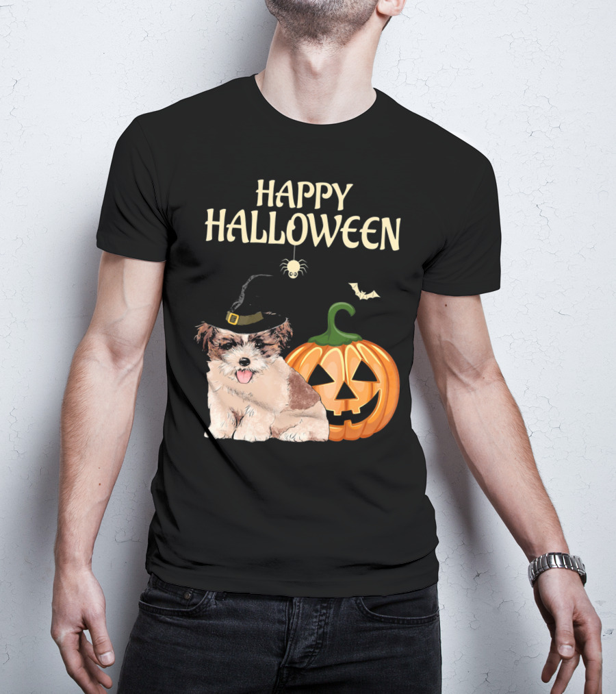 Happy Halloween Shih Tzu With Pumpkin And Witch Hat T-Shirt