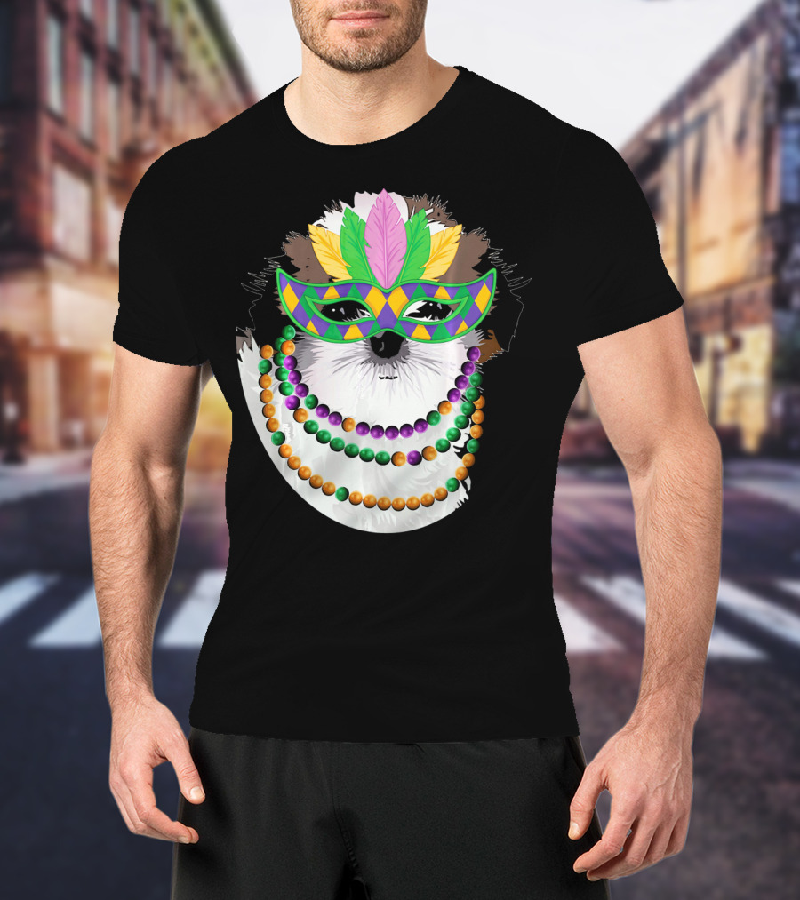 Funny Shih Tzu Mardi Gras Beads Necklace Mask With Colorful Feathered Mask T-Shirt
