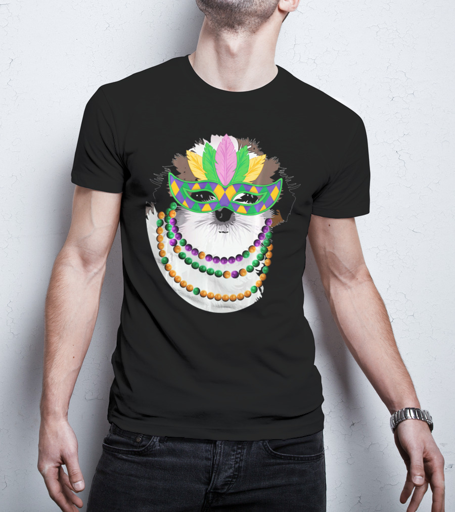 Funny Shih Tzu Mardi Gras Beads Necklace Mask With Colorful Feathered Mask T-Shirt