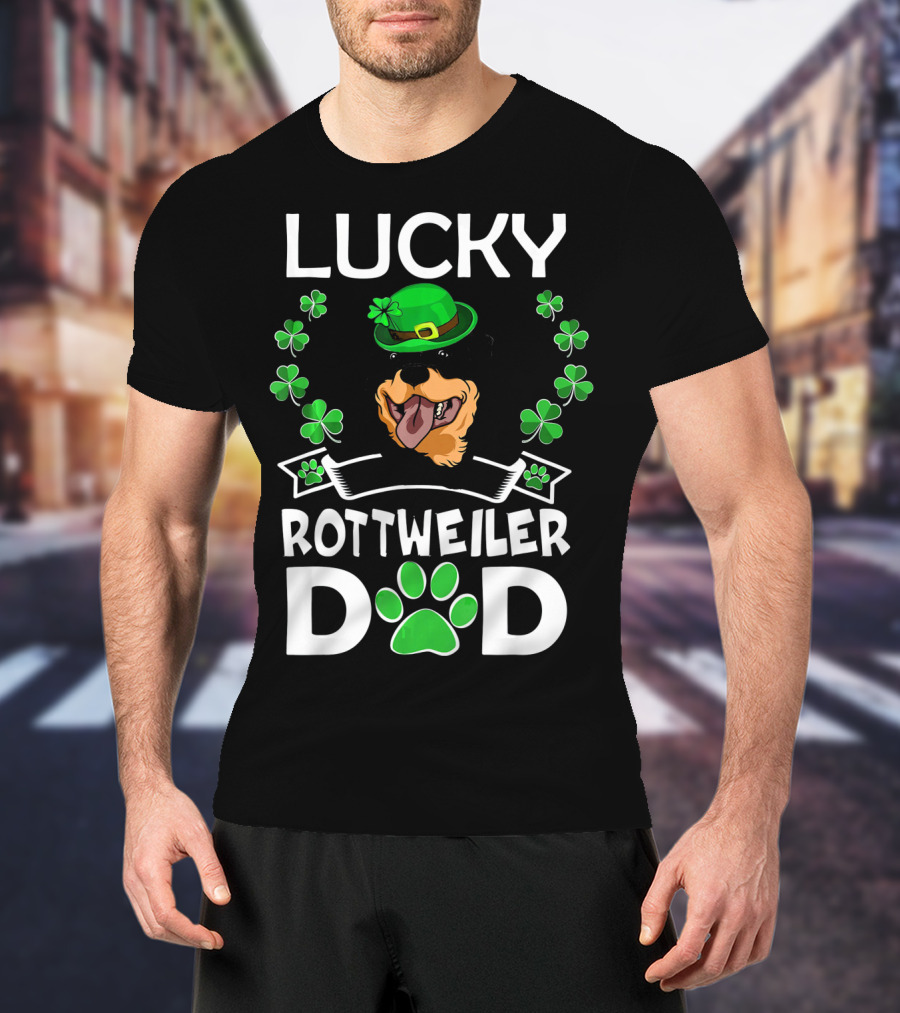 Lucky Rottweiler Dad St Patricks Day Shamrocks And Green Hat T-Shirt