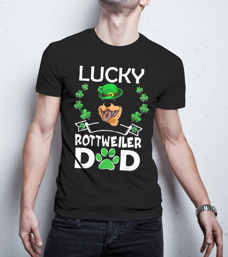 Lucky Rottweiler Dad St Patricks Day Shamrocks And Green Hat T-Shirt
