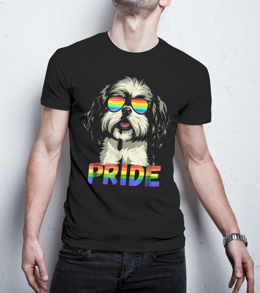 Pride Shih Tzu With Gay Pride Flag Sunglasses For Dog Lovers T-Shirt