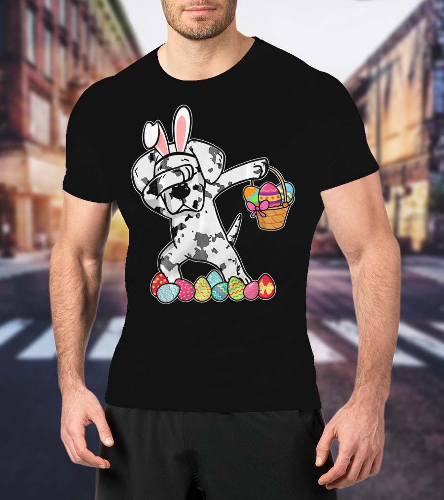 Great Dane Dabbing Easter Bunny With Egg Basket And Colorful Hunting Eggs T-Shirt
