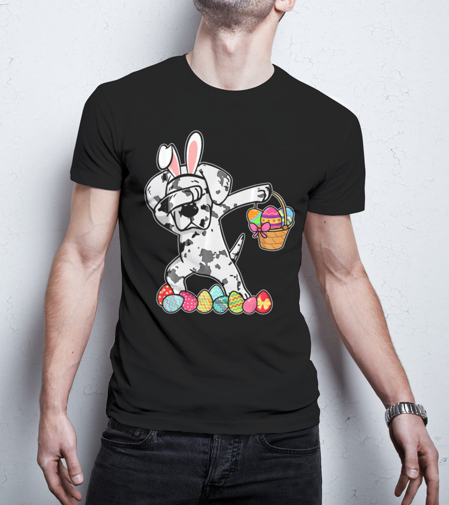 Great Dane Dabbing Easter Bunny With Egg Basket And Colorful Hunting Eggs T-Shirt