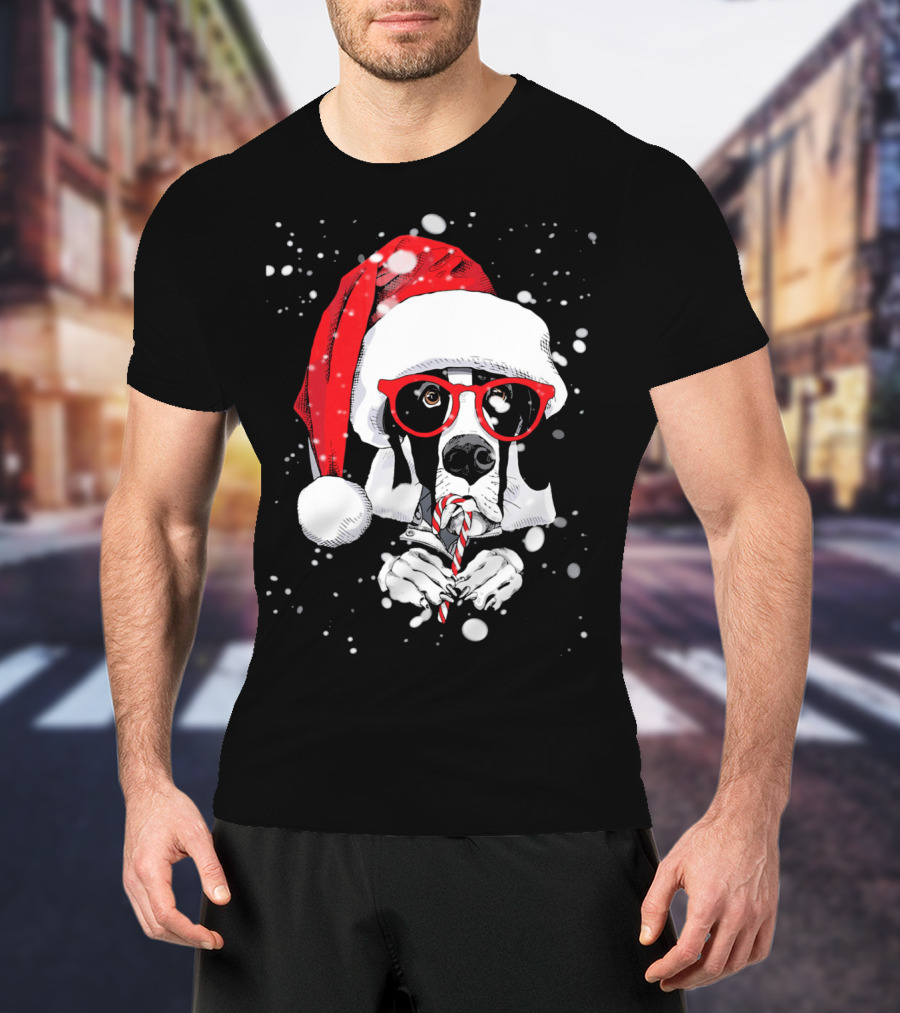 Great Dane Licking Candy Cane With Santa Xmas Hat And Red Glasses Snowflakes T-Shirt