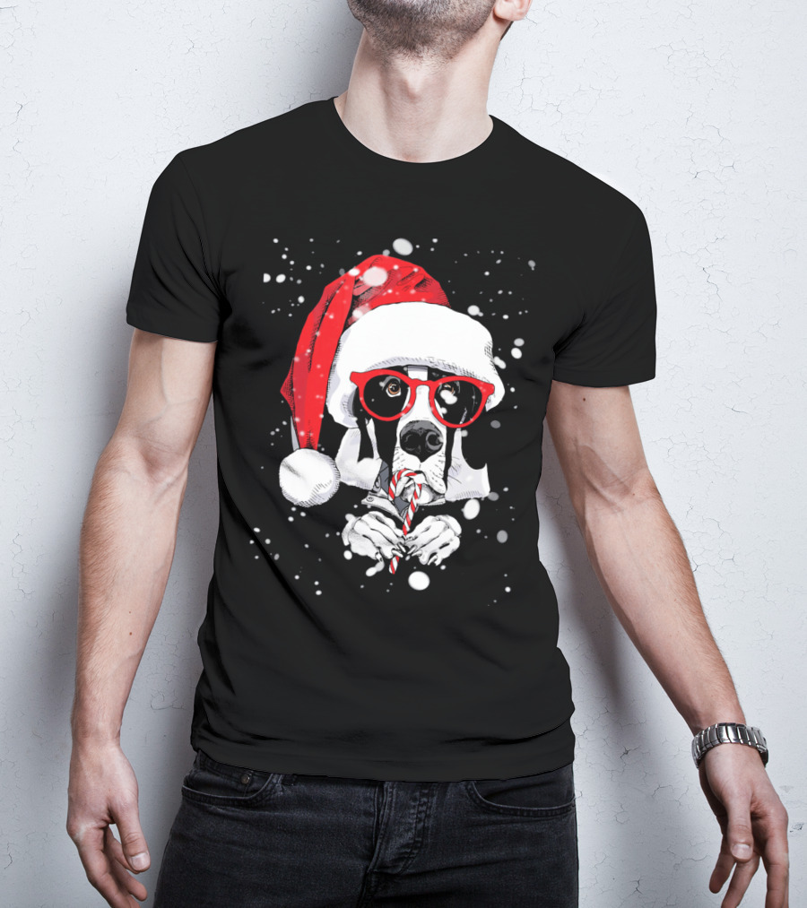 Great Dane Licking Candy Cane With Santa Xmas Hat And Red Glasses Snowflakes T-Shirt