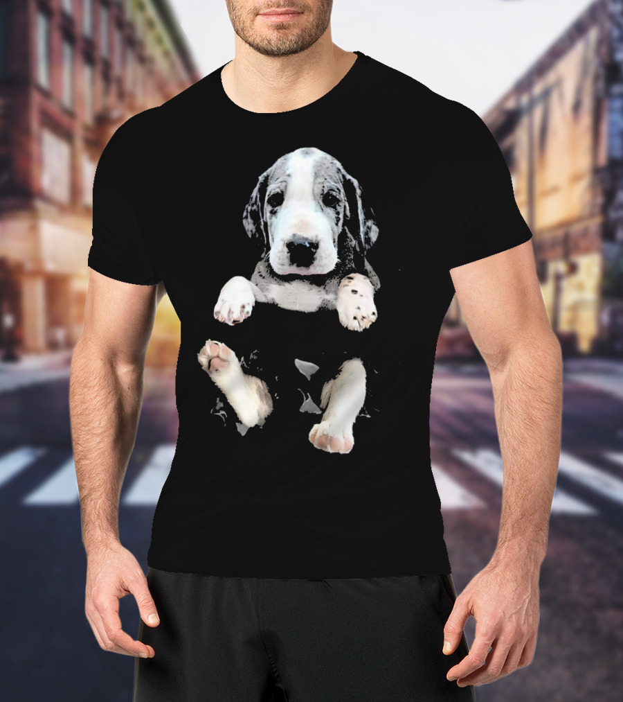 Great Dane Puppy Peeking Out Of Pocket T-Shirt